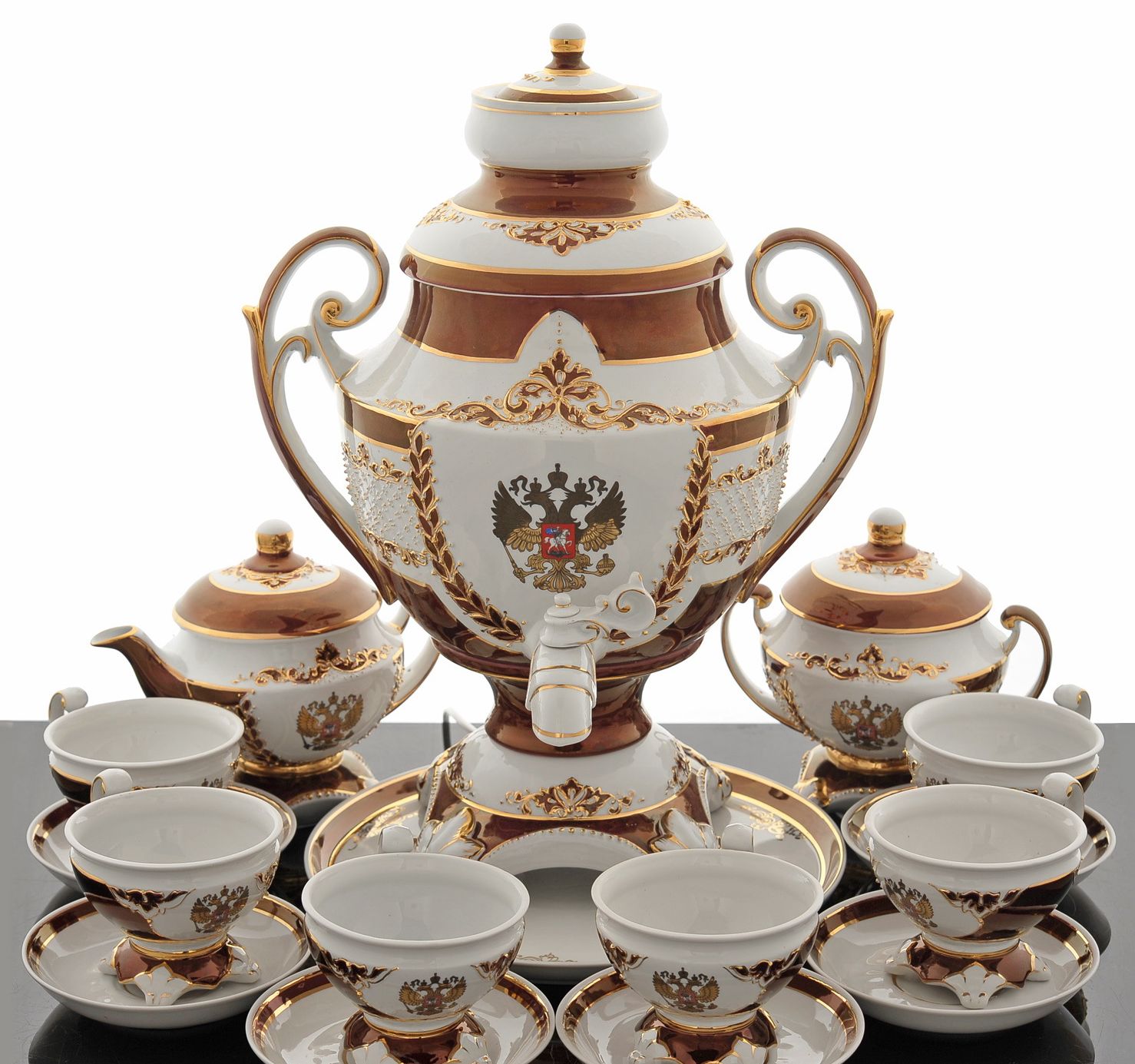 Самовар "Герб РФ" (бордо)  с  чайными  парами (10 предметов)